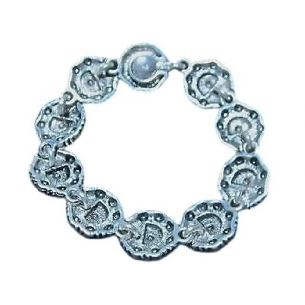 Rhinestone Black Enamel Flower‎ Link Bracelet Silver Tone Glamorous Statement